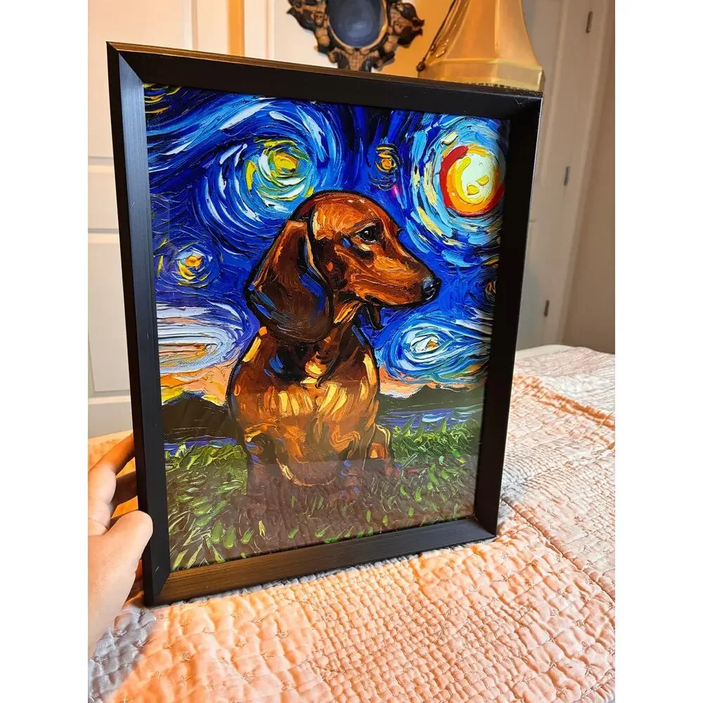 Dachshund Starry Night Van Gogh Style Framed Dog Wall Art 12x15 Doxie